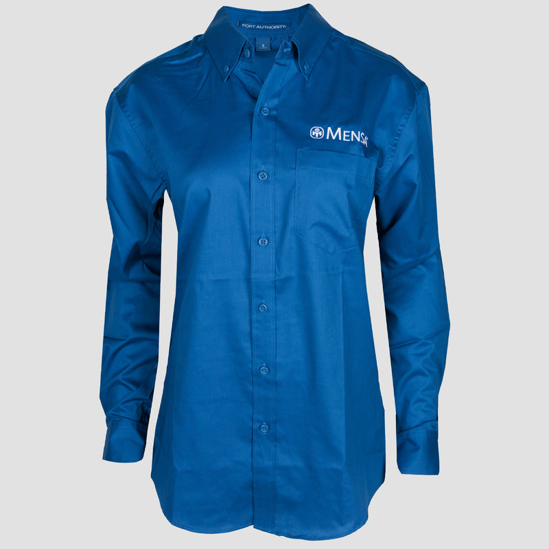 Blue button up Mensa shirt with white mensa logo on left chest above pocket on female mannequin