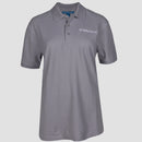 grey polo on female mannequin with white mensa logo on left chest