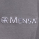 closeup of white mensa logo on grey polo