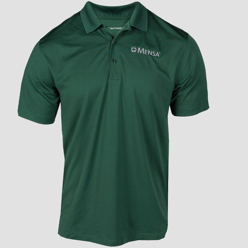Green Polo on male mannequin with white mensa logo on left chest