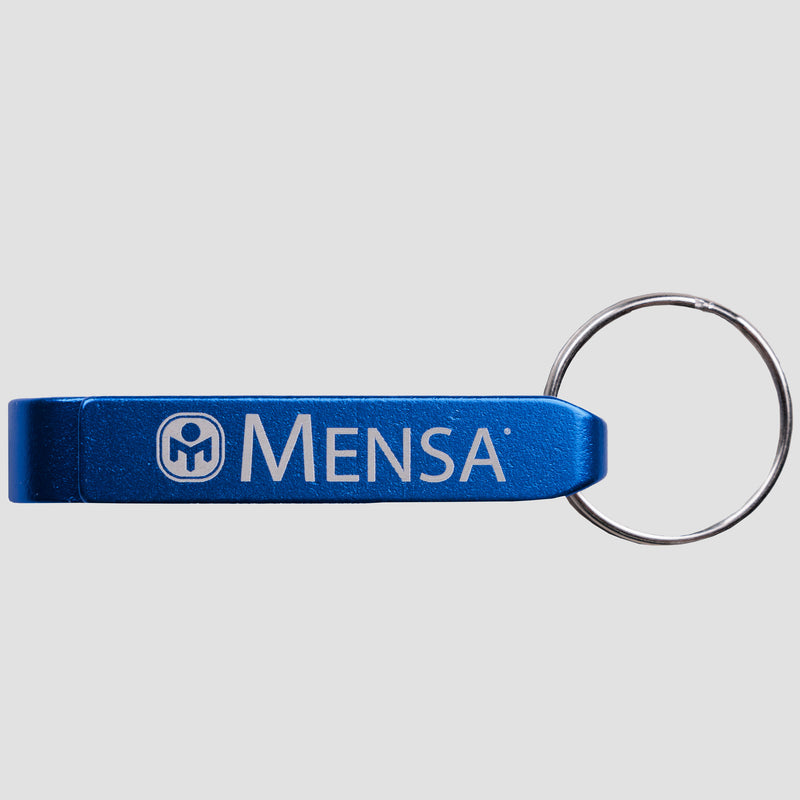 top view of Mensa logo keychain bottle opener white logo on blue bottle opener
