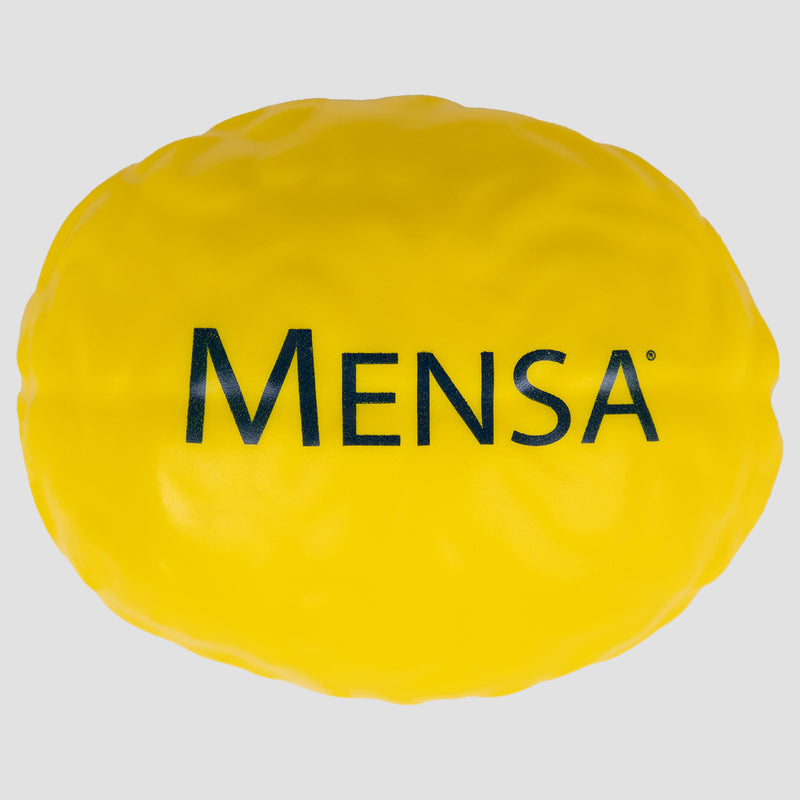 Yellow brain shaped stress ball with blue "Mensa" text
