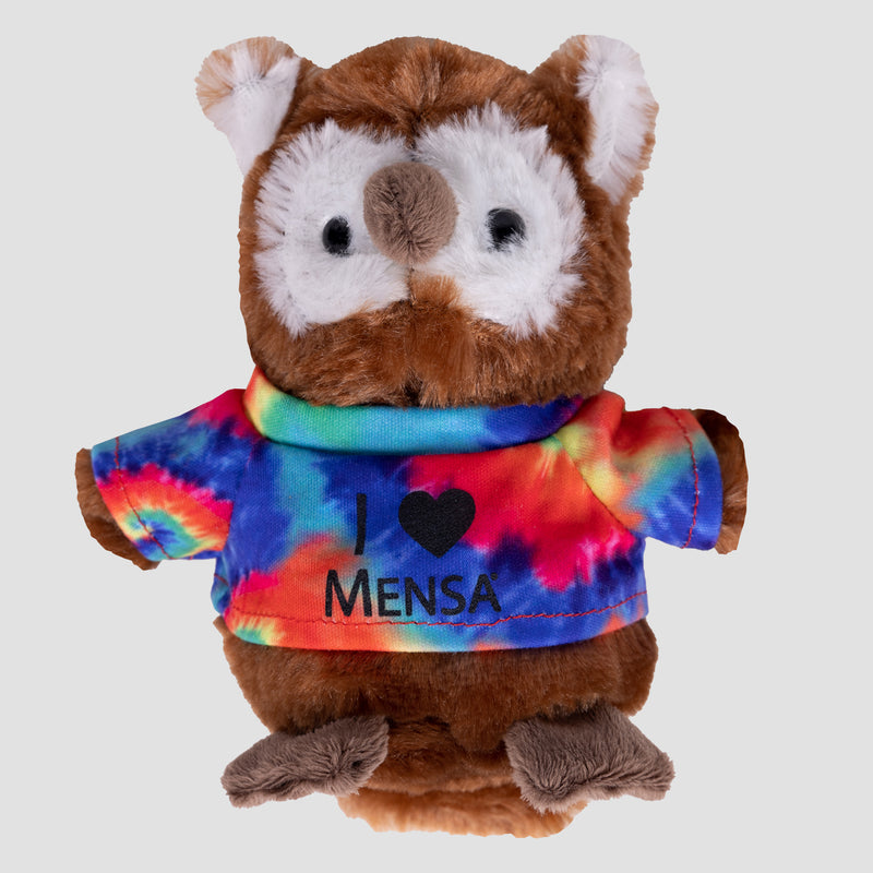 stuffed animal owl with tie dye shirt with text "I heart mensa"