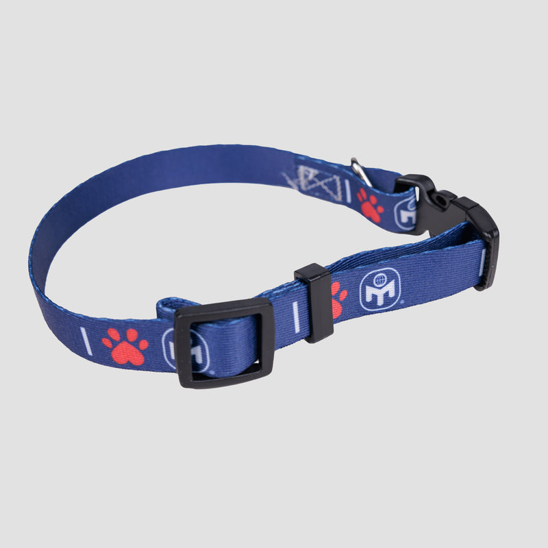 blue collar with text and graphics I paw print mensa logo