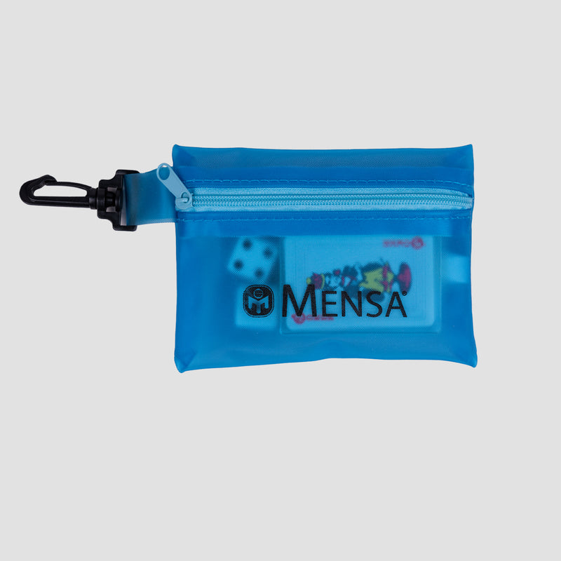 Blue zippered pouch with Mensa logo with dice and cards inside