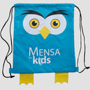 light blue drawstring sport pack with owl graphic and owl feet below with white text "Mensa for kids"