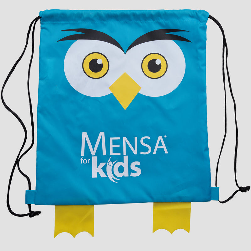 light blue drawstring sport pack with owl graphic and owl feet below with white text "Mensa for kids"