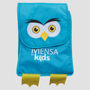 Closed view of owl lunch bag with yellow feet below and white text "Mensa for Kids"