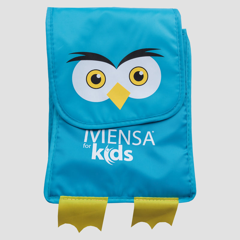 Closed view of owl lunch bag with yellow feet below and white text "Mensa for Kids"