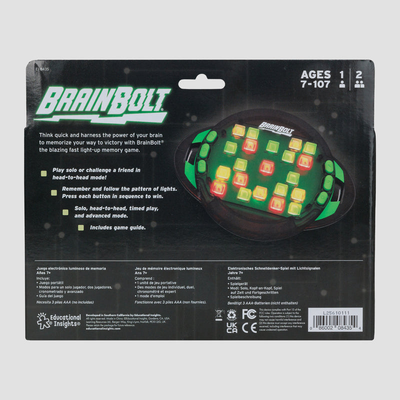 back view of BrainBolt box, with text "Think quick and harness the power of your brain to memorize your way to victory with brainbolt the blazing fast light-up memory game"