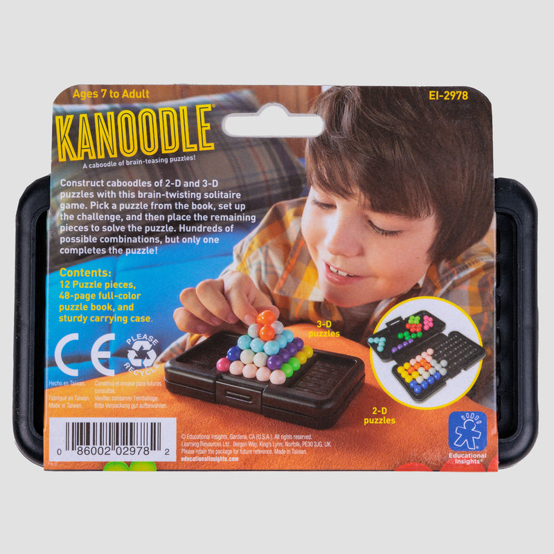 back of Kanoodle game ages 7 to adult construct caboodles of 2-d and 3-d puzzles with this brain-twisting solitaire game. Pick a puzzle from the book, set up the challenge, and then place the remaining pieces to solve the puzzle. Hundreds of possible combinations, but only one completes the puzzle