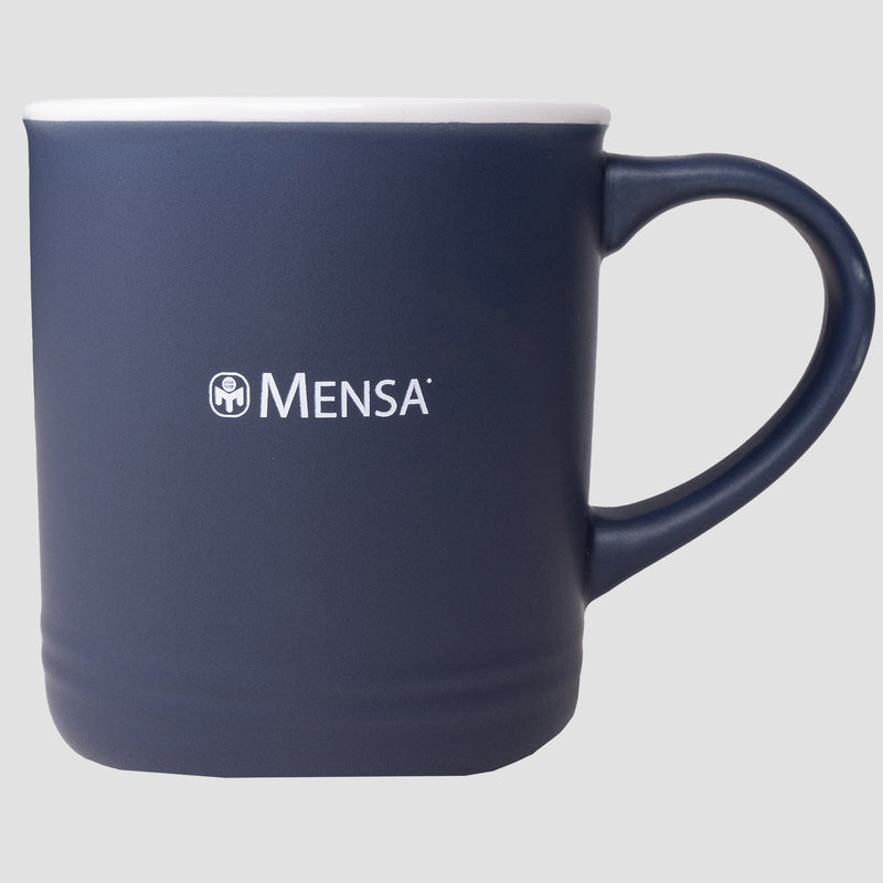 side view of navy mug with white mensa logo