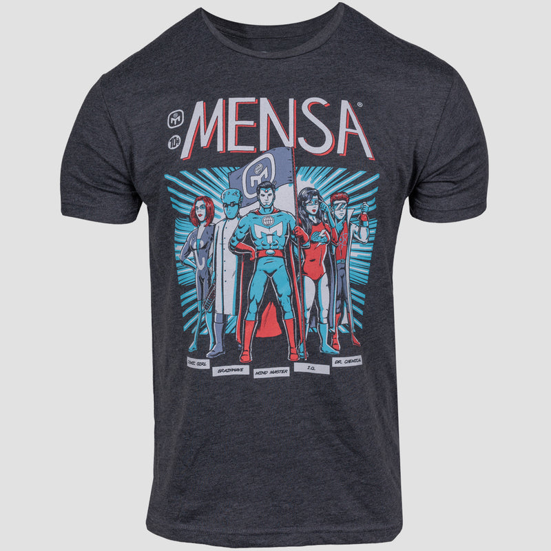 Charcoal Mensa tee with Mensa logo and Mensa Superheros graphic