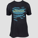 Black Shirt with torn front with Mensa logo Graphic on female mannequin