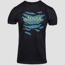Black Shirt with torn front with Mensa logo Graphic on male mannequin