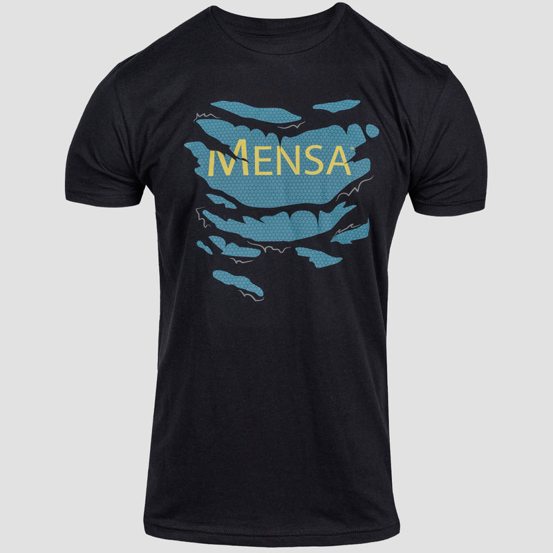 Black Shirt with torn front with Mensa logo Graphic on male mannequin