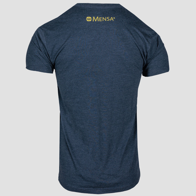 back view of navy shirt with Mensa logo in yellow on neck on male mannequin