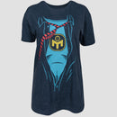 Front view of navy shirt with suit and tie graphic on female mannequin