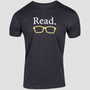 front view of BLACK TEE WITH YELLOW GLASSSES AND the word "read" printed on the upper chest