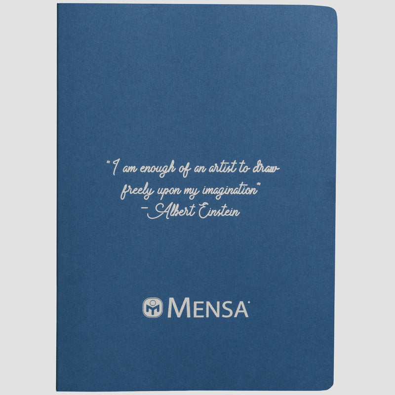photo of mensa quote book in blue. "i am enough of an artist to draw freely upon my imagination" - albert einstein printed on front in cursive. mensa logo and mensa written below.