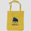 photo of yellow tote bag with mensa hair and glasses logo in blue