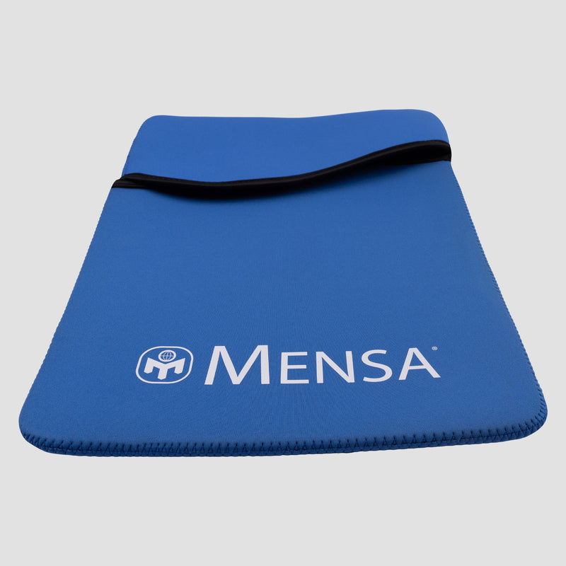 blue reversible laptop sleeve with white Mensa logo on bottom