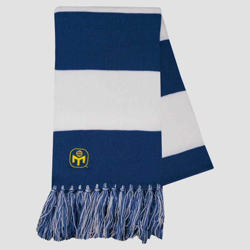 blue and white scarf with small mensa logo on end