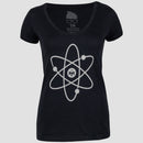 black women's v-neck with white atom mensa graphic on front