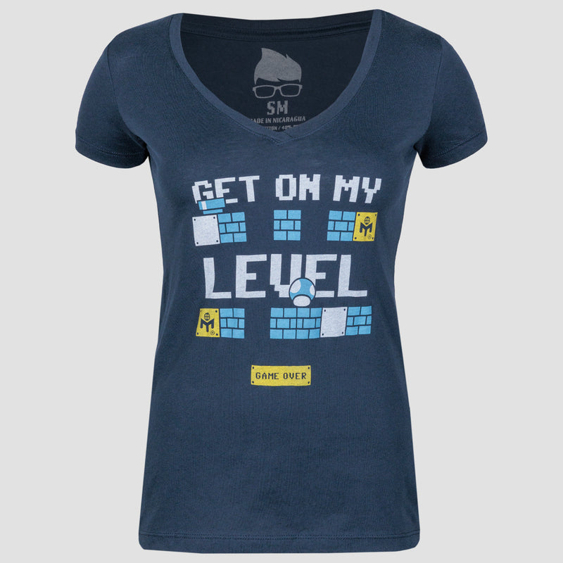 womens navy v-neck with white "GET ON MY LEVEL" text and video game graphic on front