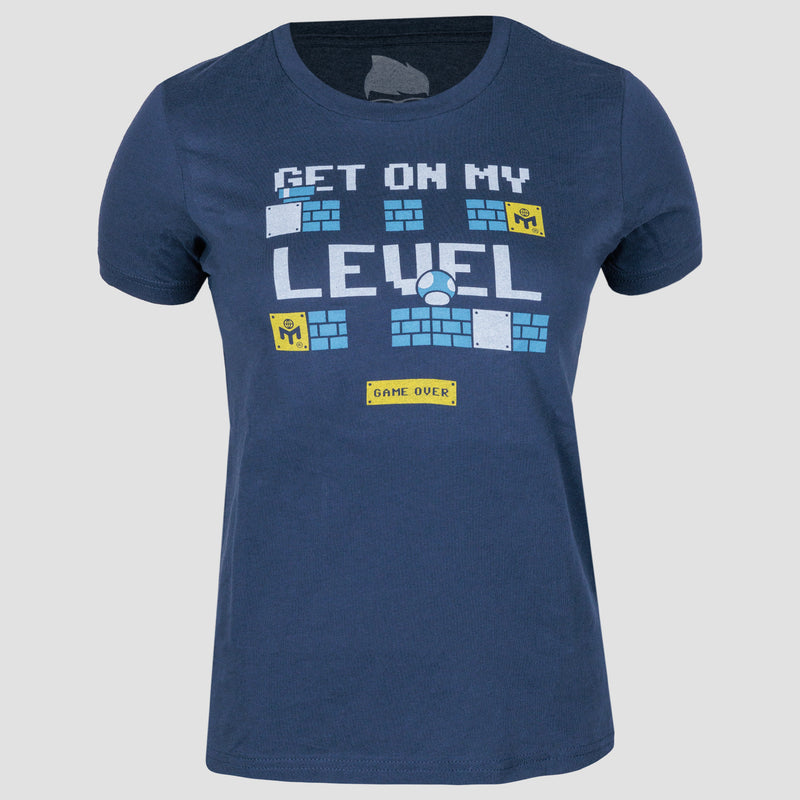Navy youth tee with white "GET ON MY LEVEL" text wiith video game graphic on front