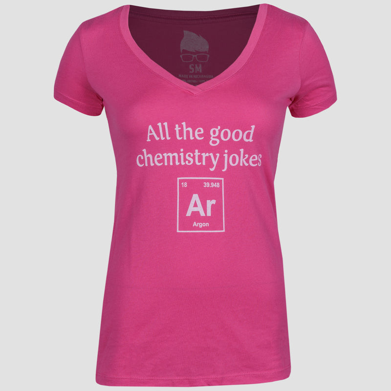 Raspberry V-neck tee with white text on front "All the good chemistry jokes" Argon. Argon stylized as a periodic table entry