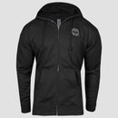 photo of black zip-up hoodie with grey mensa bug icon logo on upper left chest
