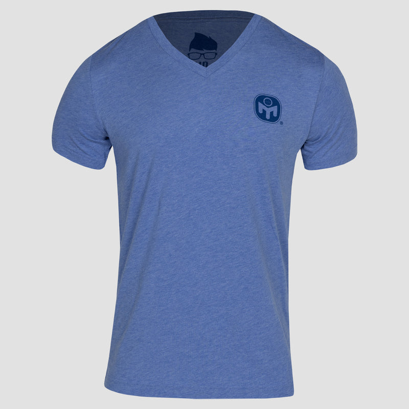 Blue triblend V-neck short sleeve shirt with blue Mensa logo on left chest