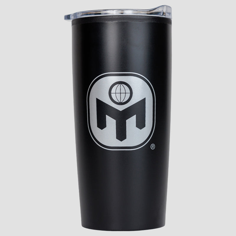 Black stainless steel tumbler with white square mensa logo on side