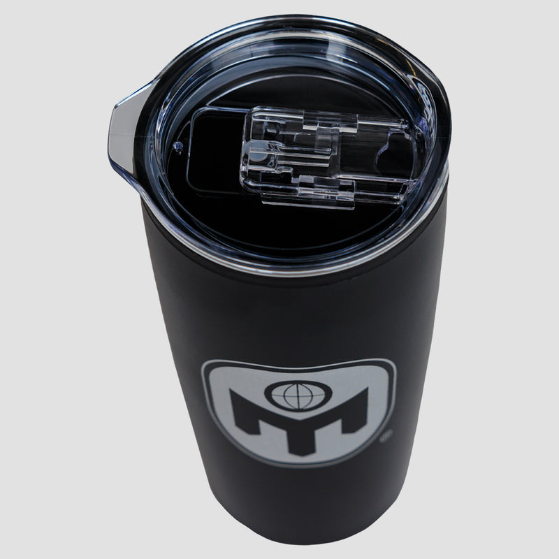 top view of black stainless steel tumbler showing closing lid