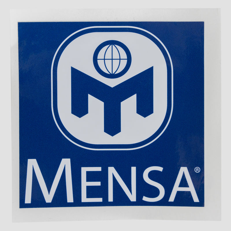 Blue 4x4 sticker with white and blue Mensa logo and white "Mensa" text