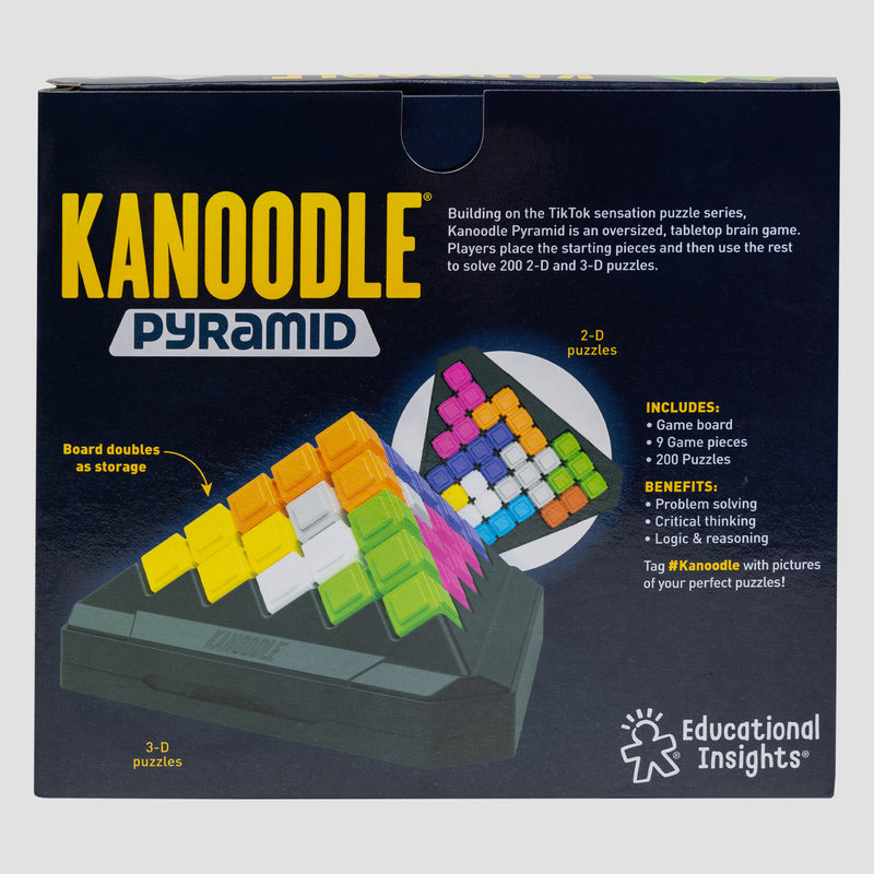 Rear view of box of Kanoodle Pyramid Puzzle game showing board and pieces 