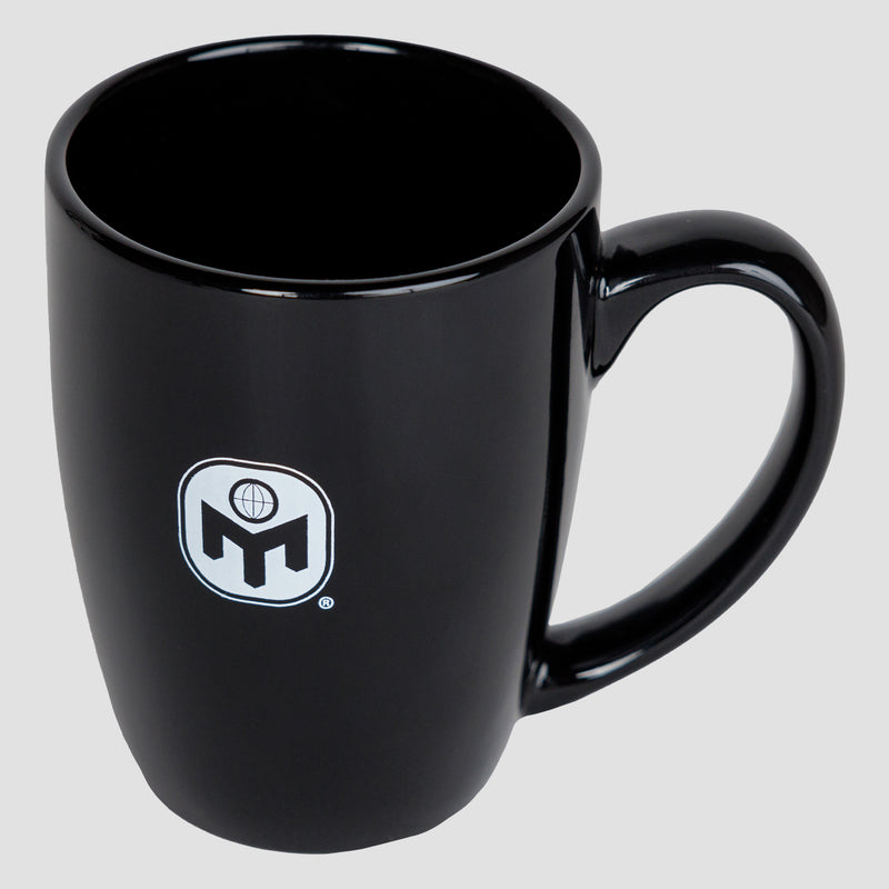 black 12oz mug showing white mensa square logo on side