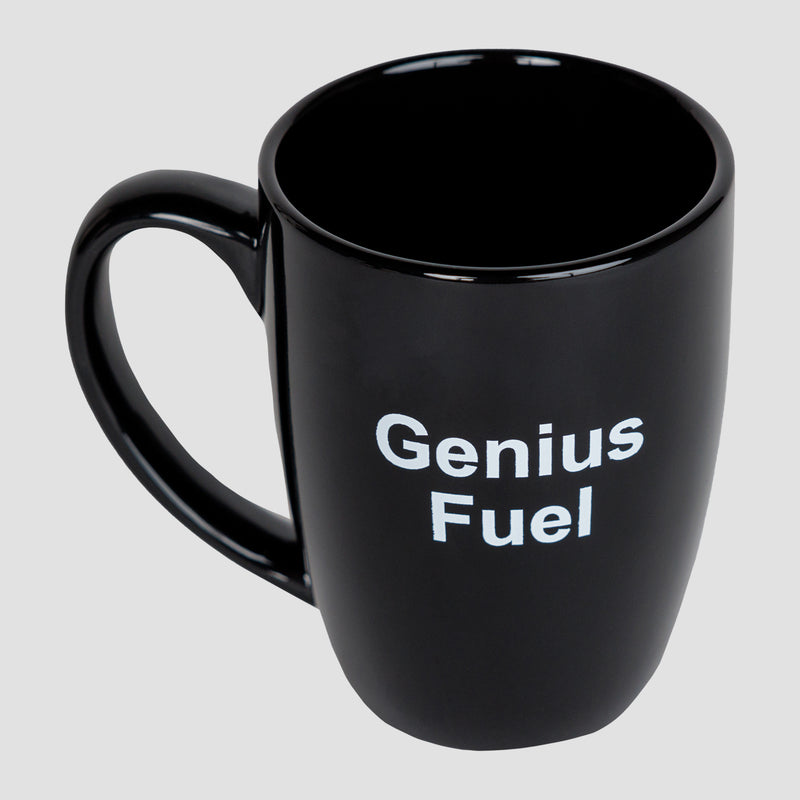 black 12oz mug showing white text "Genius Fuel" on side