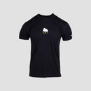 Front view of black shirt with graphic on front of white hair and yellow glasses and Mensa logo on left sleeve