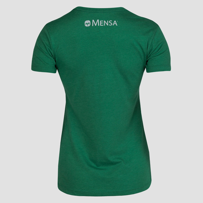 rear view of ladies kelly green shirt with white Mensa logo on upper back