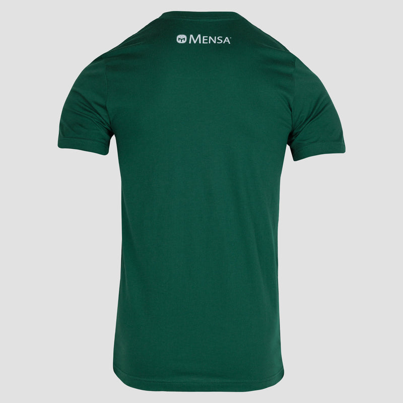 rear view of evergreen shirt with white Mensa logo on upper back