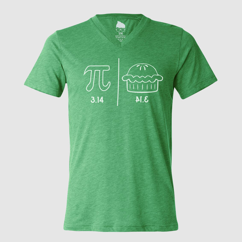 photo of green tee with pie symbol, 3.14. pi.e and cartton pie picture in white.