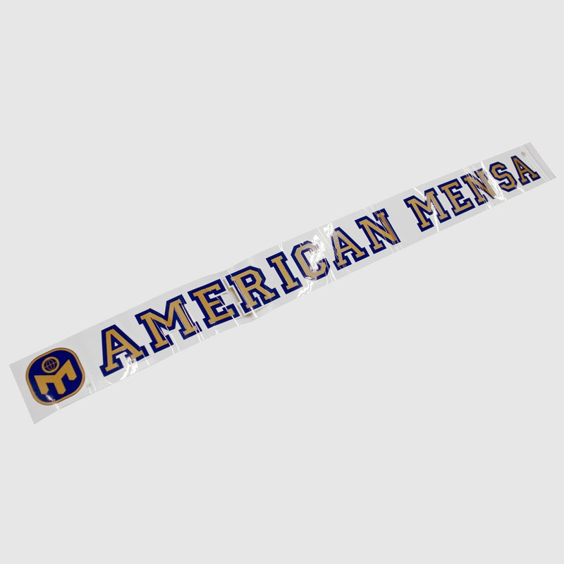 photo of american mensa window decal. large bug icon logo in dark blue. "  americna mensa" text in gold.