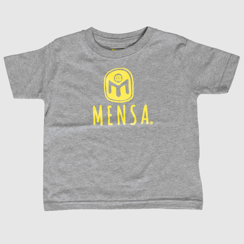 photo of grey toddler tee with mensa logo and text center and stacked in yellow.