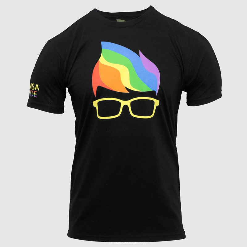 photo of black tee with mensa glasses and hair logo with glasses in yellow and hair in rainbow. mensa pride visible on right sleeve