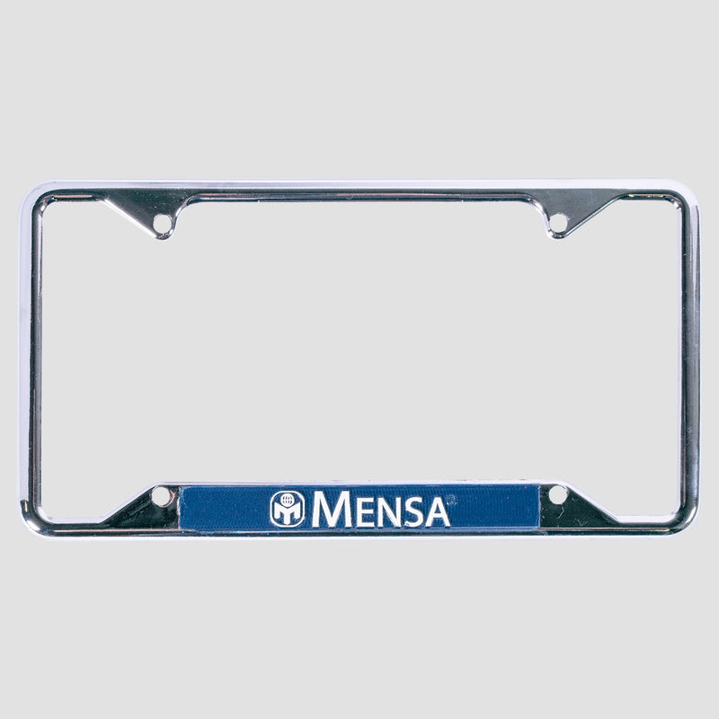 phot of mensa license plate frame. mensa globe logo and text in white surrounded by blue.