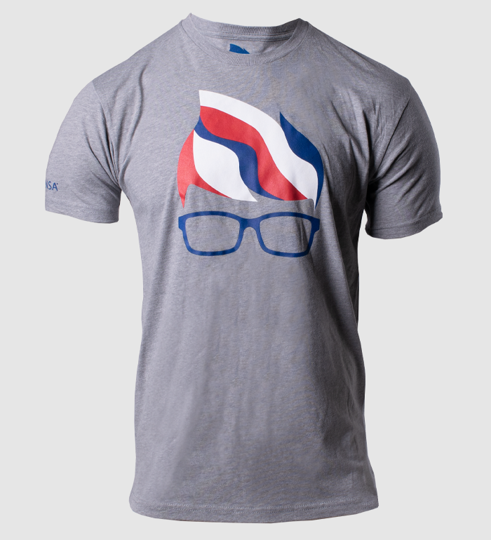 photo of grey tee with mensa glasses & hair logo in red white and blue. mensa text visible on right sleeve in blue.