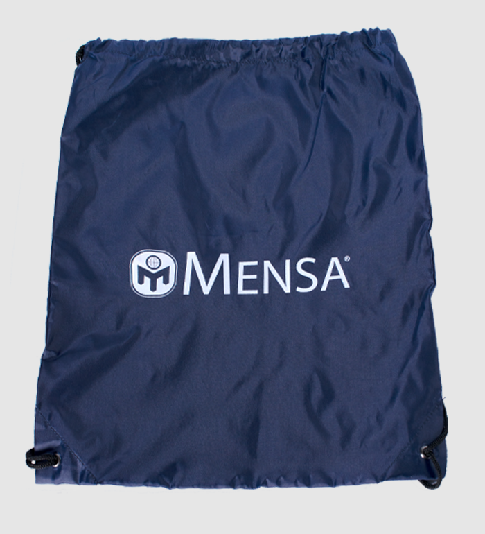 photo of navy drawstring bag with white mensa logo and text on front.