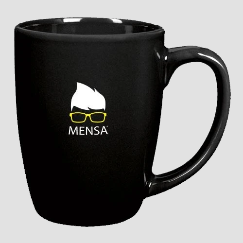 black mug with white hair and yellow glasses graphic with white mensa logo